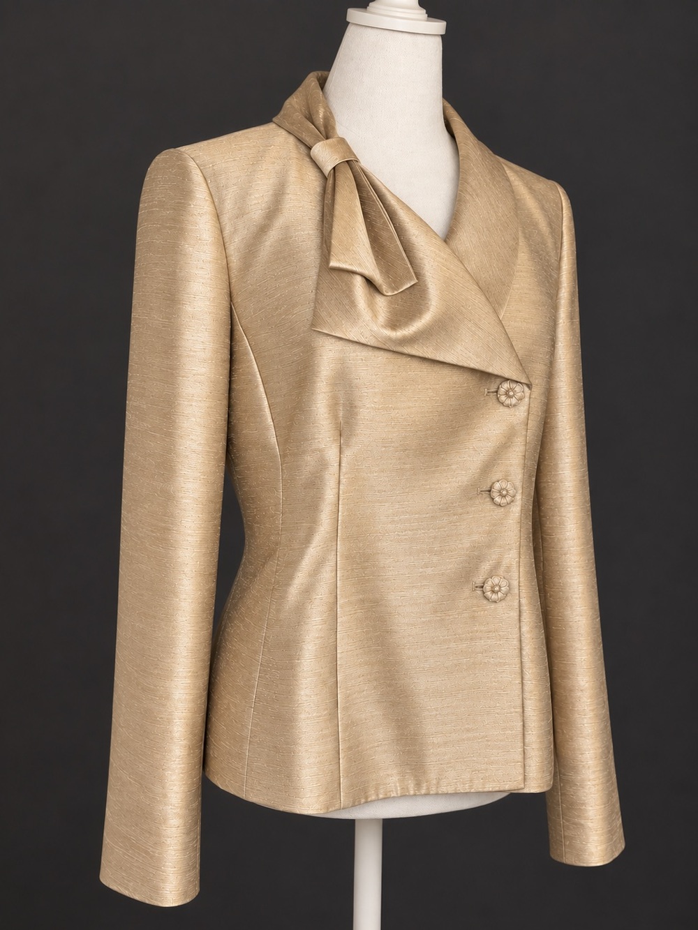 Elegant Suit Studio Champagne Gold Bow Collar Skirt Suit Size 12 Formal